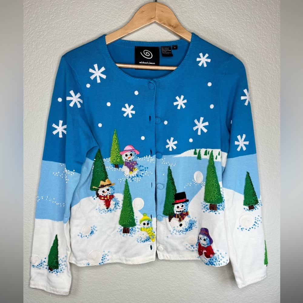 Michael Simon Womens Medium Blue Snowman Holiday‎ Cardigan Christmas Sweater
